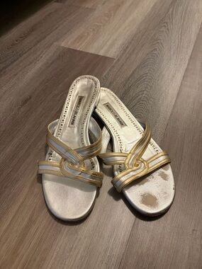 Manolo Blahnik Metallic Gold and Cream Slide Mules